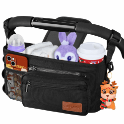 Guiseapue Universal Kinderwagenorganizer: Getränkehalter/Becherhalter für Kinderwagen Buggy Organizer Zubehör, Großer Kapazität Kinderwagentasche, Baby Erstausstattung Neugeborene Schwarz-standardversion Angebot bei HelloDeals