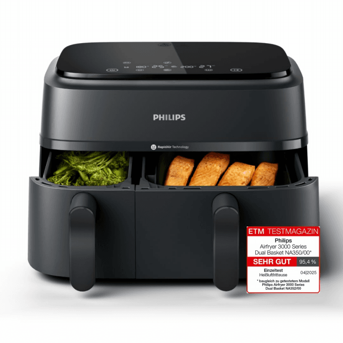 Philips Airfryer Dual Basket 3000 Series Heißluftfritteuse, 9L, 2 Körbe, 2 Gerichte gleichzeitig, RapidAir Plus Technologie, 90% weniger Fett, Energieeffizient, HomeID App (NA350/00) Schwarz Dual Basket Angebot bei HelloDeals