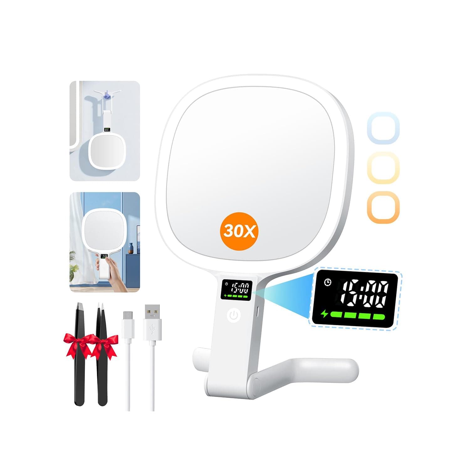Auxmir Kosmetikspiegel mit Beleuchtung LED Display für Zeit/Akku/Helligkeit, 30X / 1X Schminkspiegel mit 3 Farben, Faltbar Vergrößerungsspiegel Reisespiegel Tischspiegel mit Licht für Zuhause Reise Angebot bei HelloDeals