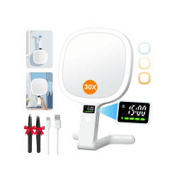 Auxmir Kosmetikspiegel mit Beleuchtung LED Display für Zeit/Akku/Helligkeit, 30X / 1X Schminkspiegel mit 3 Farben, Faltbar Vergrößerungsspiegel Reisespiegel Tischspiegel mit Licht für Zuhause Reise Angebot bei HelloDeals