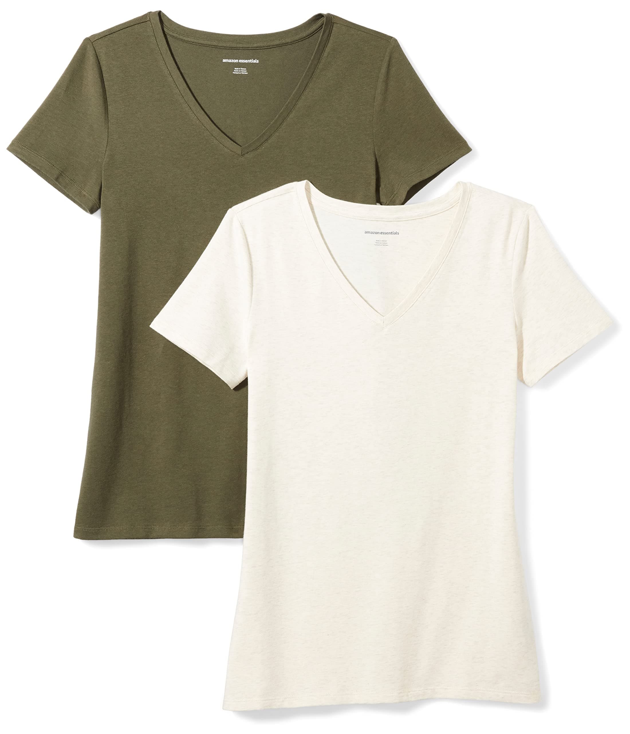 Amazon Essentials Damen Kurzärmliges Regular-Fit-T-Shirt (Varianten mit Rundhalsausschnitt und V-Ausschnitt), Multi-Packs V-Neck pack of 2 XXL Olivgrün/Haferbeige Meliert Angebot bei HelloDeals