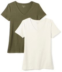 Amazon Essentials Damen Kurzärmliges Regular-Fit-T-Shirt (Varianten mit Rundhalsausschnitt und V-Ausschnitt), Multi-Packs V-Neck pack of 2 XXL Olivgrün/Haferbeige Meliert Angebot bei HelloDeals
