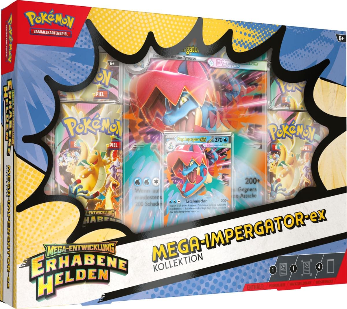 Pokémon-Sammelkartenspiel: Kollektion Mega-Entwicklung – Erhabene Helden: Mega-Impergator-ex (1 holografische Promokarte, 1 überdimensionale Wackelbildkarte und 4 Boosterpacks) Angebot bei HelloDeals