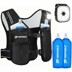 PORTHOLIC Laufweste Damen Herren Trinkweste mit 2 x 500 ml Trinkflasche, LED-Leuchte, 360° Reflektierend, wasserdichter Handytasche,leicht und verstellbar für Joggen, Trailrunning, Wandern, Marathon Schwarz M Angebot bei HelloDeals