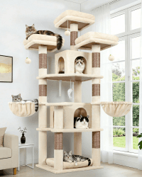 Globlazer Beige Kratzbaum Stabil 174 cm mit 3 Gepolsterte Sitzstangen, 2 Katzenhaus, 2 Korb, Abnehmbares Haustierbett, Sisalstämmen, Schloss Katzenbaum für 2-4 Erwachsene Katze Innen (F68B, Beige) 174cm Beige Angebot bei HelloDeals