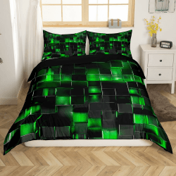 Schwarz und Grün Bettbezug Moderne Geometrische Tröster Abdeckung Gradient Neon Würfel Jungen 135x200 Bettwäsche Set, Abstrakte Quadratische Gitter Bett Set Geometrie Gitter Wand Ziegel Dekor Multi 7 135*200+80*80*1 Angebot bei HelloDeals