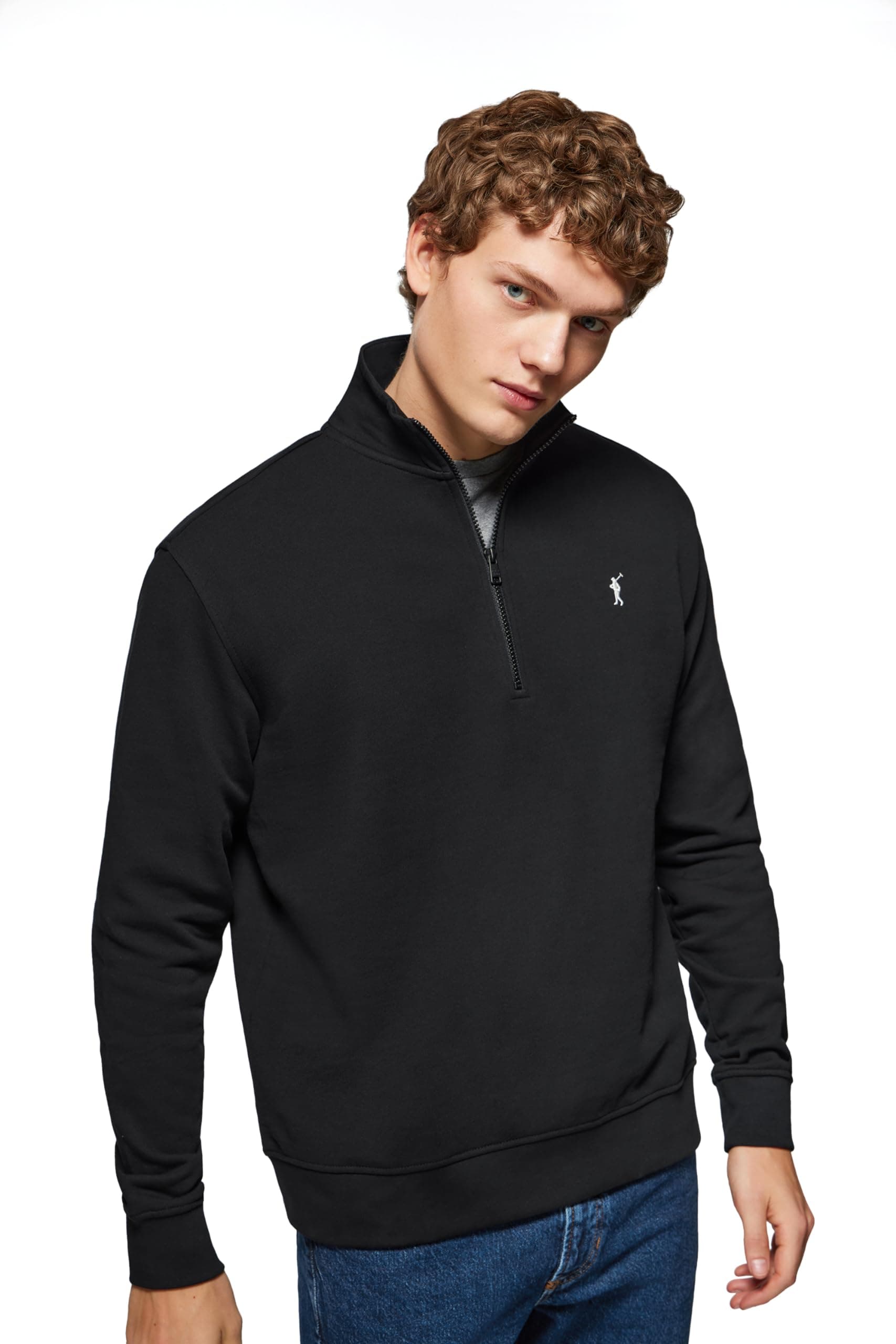 Polo Club Herren Sweatshirt ohne Kapuze und Reißverschluss - Pullover mit Half Zip - Sweatjacke 100% Baumwolle mit Reissverschluss - Gesticktem Logo L Schwarz Angebot bei HelloDeals