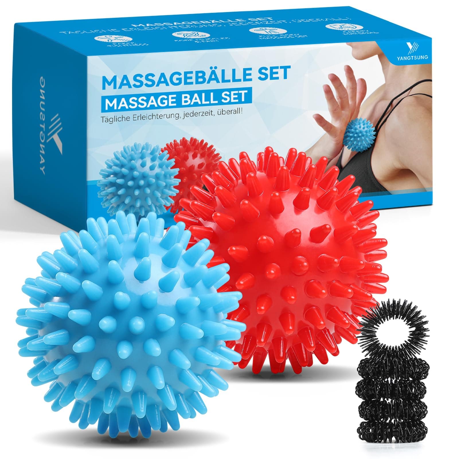 Igelball Massage Set, Massageball für Reflexzonen, Anti-Stress, Entspannung Geschenk, massageball igelball Rücken Nacken Hand Fuß - Ball mit Noppen klein, hart & mittel Blau&rot 6.5CM+6.5CM Angebot bei HelloDeals