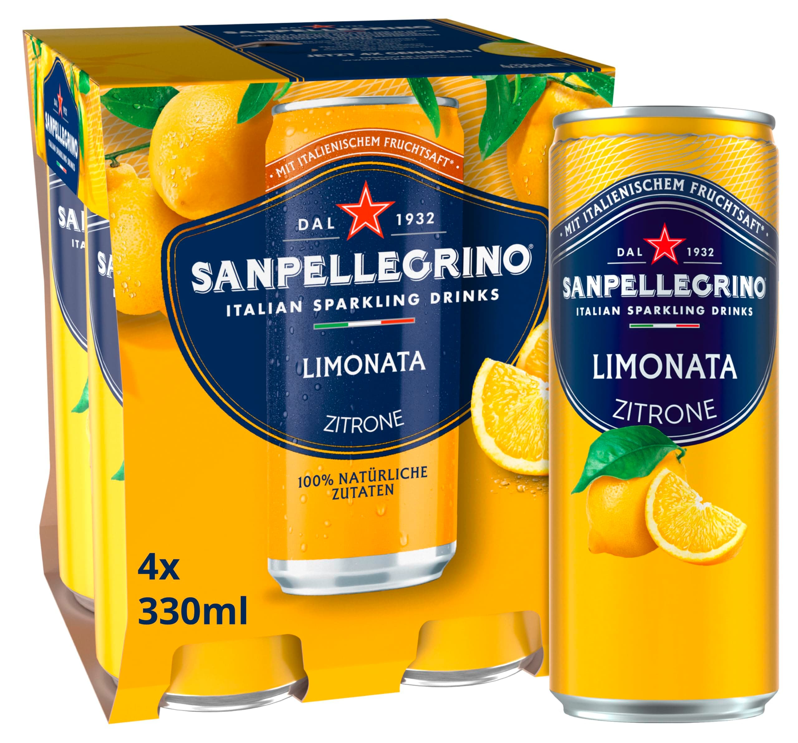 San Pellegrino Naturali Limonata Zitronen-Limonade mit 16% Zitronensaft (aus Konzentrat) 4er Pack (4 x 330ml) Einweg-Dosen Angebot bei HelloDeals
