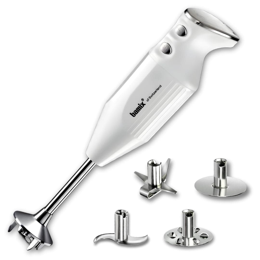 bamix Stabmixer Set M350 MAXX inkl. Multifunktions-, Fleisch-, Gemüsemesser, Quirl, Schlagscheibe aus Edelstahl, 300 Watt, 2-Stufen, Made in Switzerland, Weiß/Chrom Angebot bei HelloDeals