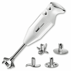 bamix Stabmixer Set M350 MAXX inkl. Multifunktions-, Fleisch-, Gemüsemesser, Quirl, Schlagscheibe aus Edelstahl, 300 Watt, 2-Stufen, Made in Switzerland, Weiß/Chrom Angebot bei HelloDeals