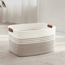 Wäschekorb Geflochten Groß aus Baumwollseil, 60L Aufbewahrungskorb mit Lederhenkeln, Korb für Decken, Kleidung, Spielzeug, Laundry Basket für Kinderzimmer Wohnzimmer, 53 x 38 x 29 cm, Weiß und Braun Braun 60L Angebot bei HelloDeals