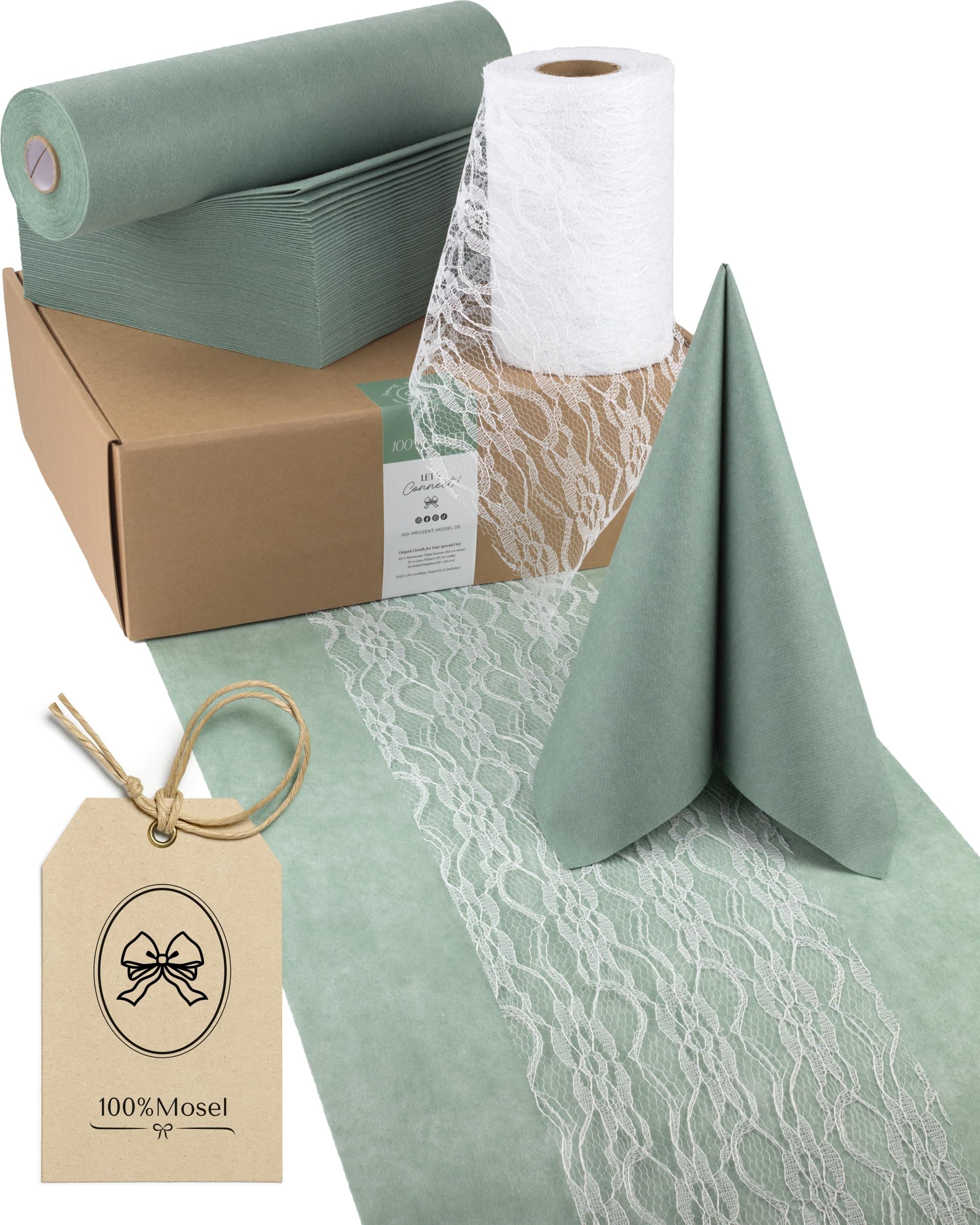 100%Mosel Tischdeko-Set – Eukalyptus Grün & Weiß (25–50 Gäste) Tischläufer aus Vlies & Spitze mit Airlaid Servietten – praktisches Komplettset für Anlässe wie Hochzeit, Taufe, Kommunion 50 Airlaid Servietten Eukalyptus Grün (026) Angebot bei HelloDeals