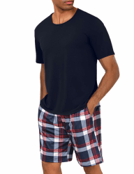 Uniexcosm Schlafanzug Herren Baumwolle Kurz Zweiteiliger Pyjama Set Nachtwäsche Kurzarm Oberteil und Karierte Schlafanzughose Hausanzug Sleepwear A:dunkelblau XXL Angebot bei HelloDeals