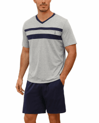 Nieery Schlafanzug Herren kurz Baumwolle Sommer Pyjama Set Kurzarm V-Ausschnitt T-Shirt und Shorty Schlafanzughose L Dunkelgrau Angebot bei HelloDeals
