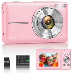 Digitalkamera 1080P 44MP Vlogging Kamera für Kinder Jugendliche, FHD Kompaktkamera Fotokamera mit 2,4" Bildschirm 16X Zoom, Anti-Shake Minikamera für Anfänger Studenten Jungen Mädchen-Rosa pink Angebot bei HelloDeals