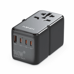 MINIX Universal-Reiseadapter, 140 W GaN III, internationaler Netzadapter, 3 USB-C-2-USB-A-Anschlüsse, AC-Steckdose, weltweites Reise-Ladegerät für Laptops, Tablets, Handys und mehr 140 W, superschnelles Laden Angebot bei HelloDeals