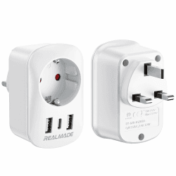 RealMade Reiseadapter UK auf EU mit 2 USB und 1 Typ-C Anschluss, Adapter England Deutschland Stecker, EU zu UK Typ G Steckdosenadapter Reisestecker für Großbritannien UK-1 Pack Weiß Angebot bei HelloDeals