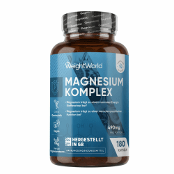 Magnesium Komplex 4 in 1-400mg Elementares Magnesium & 90mg Leucin pro Portion - 3 Monate Vorrat - 1700mg von Magnesium Bisglycinat, Citrat, Malat, Taurat - 180 vegane Kapseln - WeightWorld Angebot bei HelloDeals