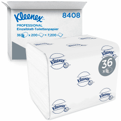 Kleenex Einzelblatt-Toilettenpapier, 2-lagiges Toilettenpapier in Großpackungen, aus FSC-zertifiziertem Papier, 36 Packungen x 200 Blatt (7.200 Blätter), Artikel-Nr. 8408 (8408+58659) (8408+53949) Angebot bei HelloDeals