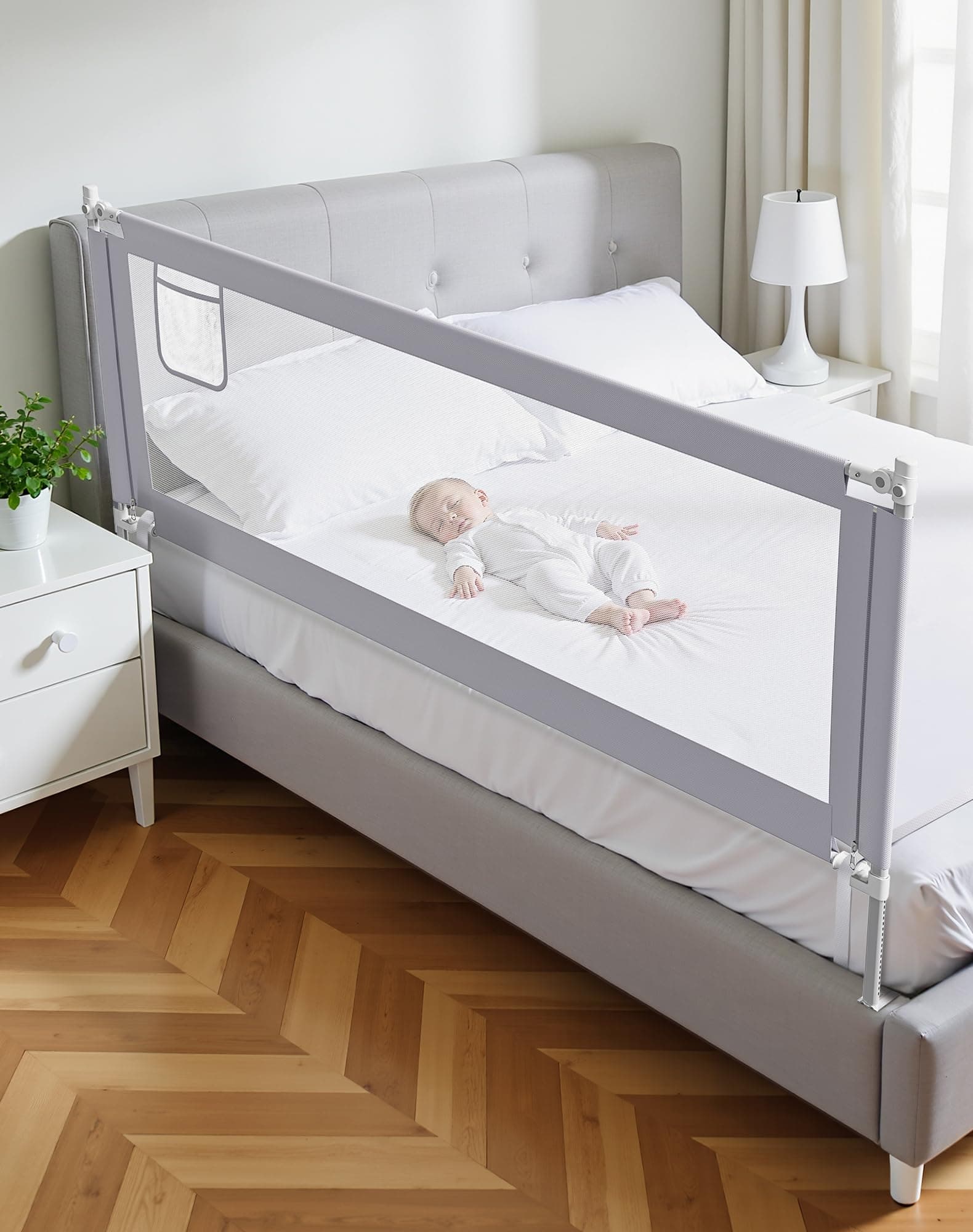 Bettschutzgitter Hellgrau 200cm, Rausfallschutz Boxspringbett, Höhenverstellbar, Mit Befestigungsgurten, Ohne Werkzeug Montage (1 Stück) Angebot bei HelloDeals