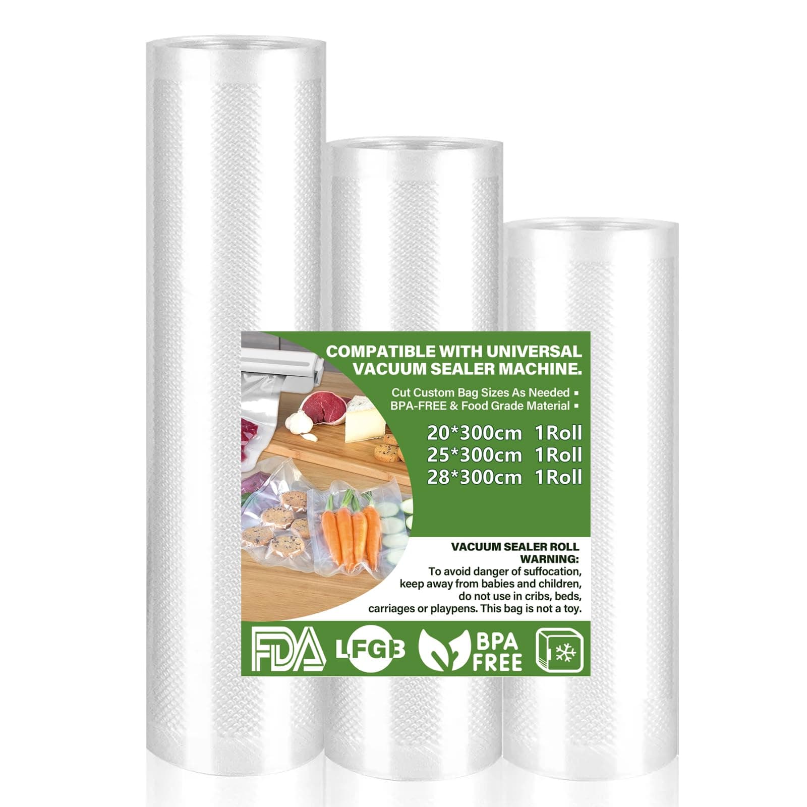 KOOSREEL Vakuumbeutel für Lebensmittel,3 Rollen,geeignet für alle Vakuumiergeräte,zur Konservierung und zum Kochen von Lebensmitteln,BPA-frei (28/25/20 x 300 cm) 3 Pack-28/25/20 x 300cm Angebot bei HelloDeals