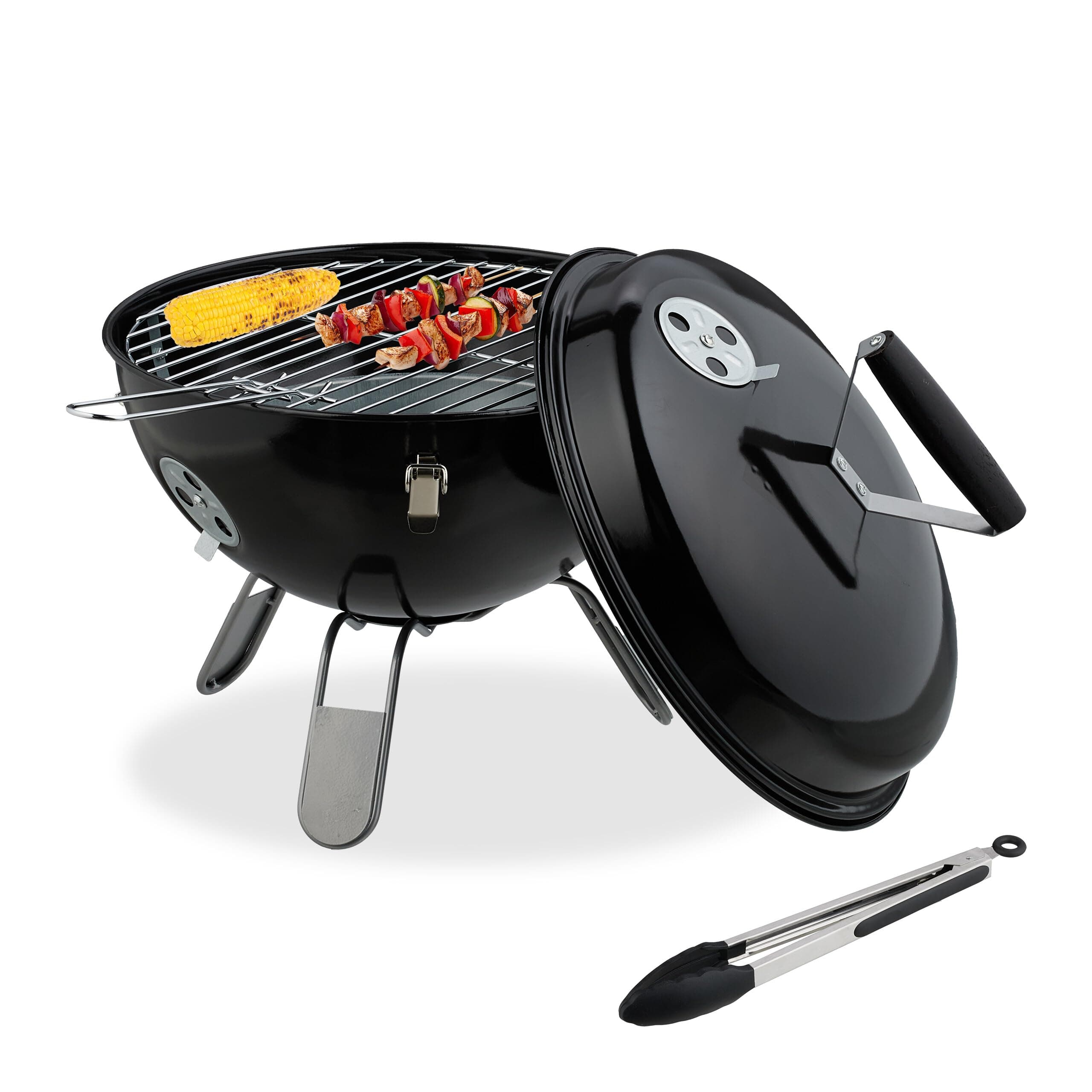 Relaxdays Kugelgrill, tragbar, Ø 37 cm, Picknickgrill für Garten & Park, Holzkohlegrill mit Deckel, Rundgrill, schwarz Angebot bei HelloDeals