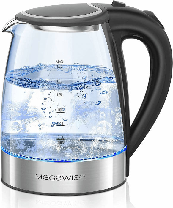 MEGAWISE 1,8-Liter-Wasserkocher, 1800 W, aus lebensmittelechtem Borosilikatglas, mit automatischer Abschaltfunktion und Trockengehschutz, kabellos, schnelles Aufkochen, BPA-frei 1.8 Liter Weiss/Opulenter Garten Angebot bei HelloDeals