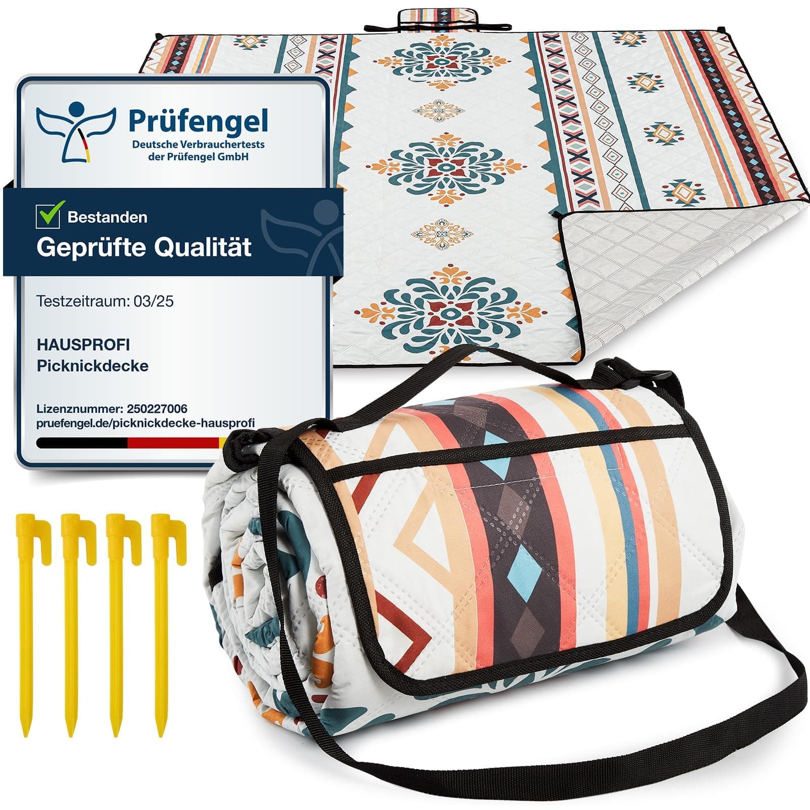HAUSPROFI Picknickdecke Boho 200x200 cm, wasserdicht & isoliert - Outdoor Decke für Picknick, Strand, Camping, mit Baumwolle gepolstert, inkl. Tragegriff & Heringe, Tragbar, Waschbar & formstabil Angebot bei HelloDeals