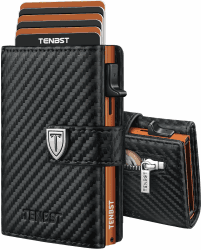 TENBST Ultradünne Geldbörse Herren, Portmonee Herren mit Münzfach & RFID Schutz, Premium Slim Wallet, Luxus Geldbeutel Kartenetui für 10 Kreditkarten - Schwarz & Orange Orange und schwarze Knöpfe Angebot bei HelloDeals