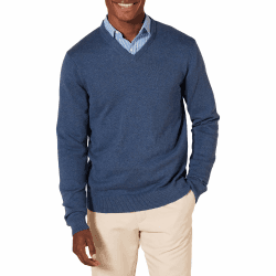 Amazon Essentials Herren V-Ausschnitt Pullover aus Baumwolle, Normale Passform L Blau Heide Angebot bei HelloDeals