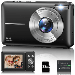 Digitalkamera 1080P 44MP Fotokamera 16X Digitalzoom Kamera, Vlogging Fotoapparat Kompaktkamera mit 2,4" LCD Bildschirm, 32G Micro Speicherkarte, 1 Akku für Kinder Teenager Studenten Anfänger-Schwarz black Angebot bei HelloDeals