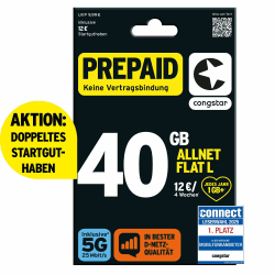 congstar Prepaid ALLNET L SIM-Karte ohne Vertrag I 40 GB Vielsurfer Prepaid-Paket in D-Netz-Qualität I 5G mit 25 Mbit/s + 12€ Startguthaben I Telefonie & SMS Flat in alle dt. Netze I EU-Roaming inkl. Angebot bei HelloDeals