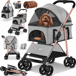LOVPET® Hundewagen 2in1 Hundebuggy Hundebox Tragetasche Faltbar klappbar bis 20kg, mit 360°Drehrädern Inkl. Netzfenstern Getränkehalter, Regenschutzabdeckung & Kuscheldecke, Jogger Buggy für Haustiere Hellgrau Angebot bei HelloDeals