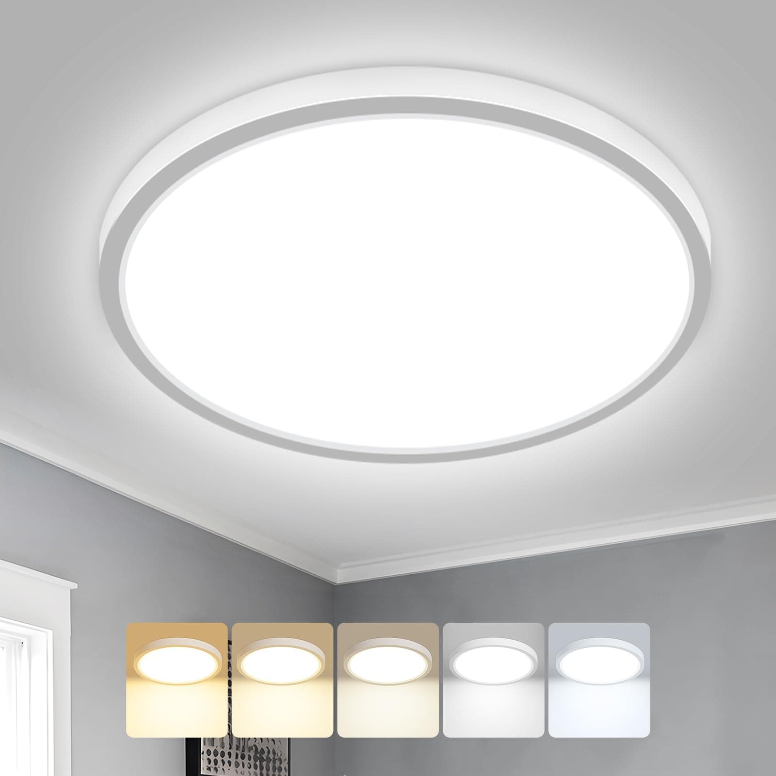 Peasur Deckenlampe LED Deckenleuchte Flach,5Farben-3000/3500/4000/5000/6500K,IP54 Wasserfest Badezimmer Lampe Decke,18W Modern Rund Lampe für bad flur schlafzimmer keller Wohnzimmer Büro,22 * 1.6cm Weiß 22cm-1 Stück Angebot bei HelloDeals
