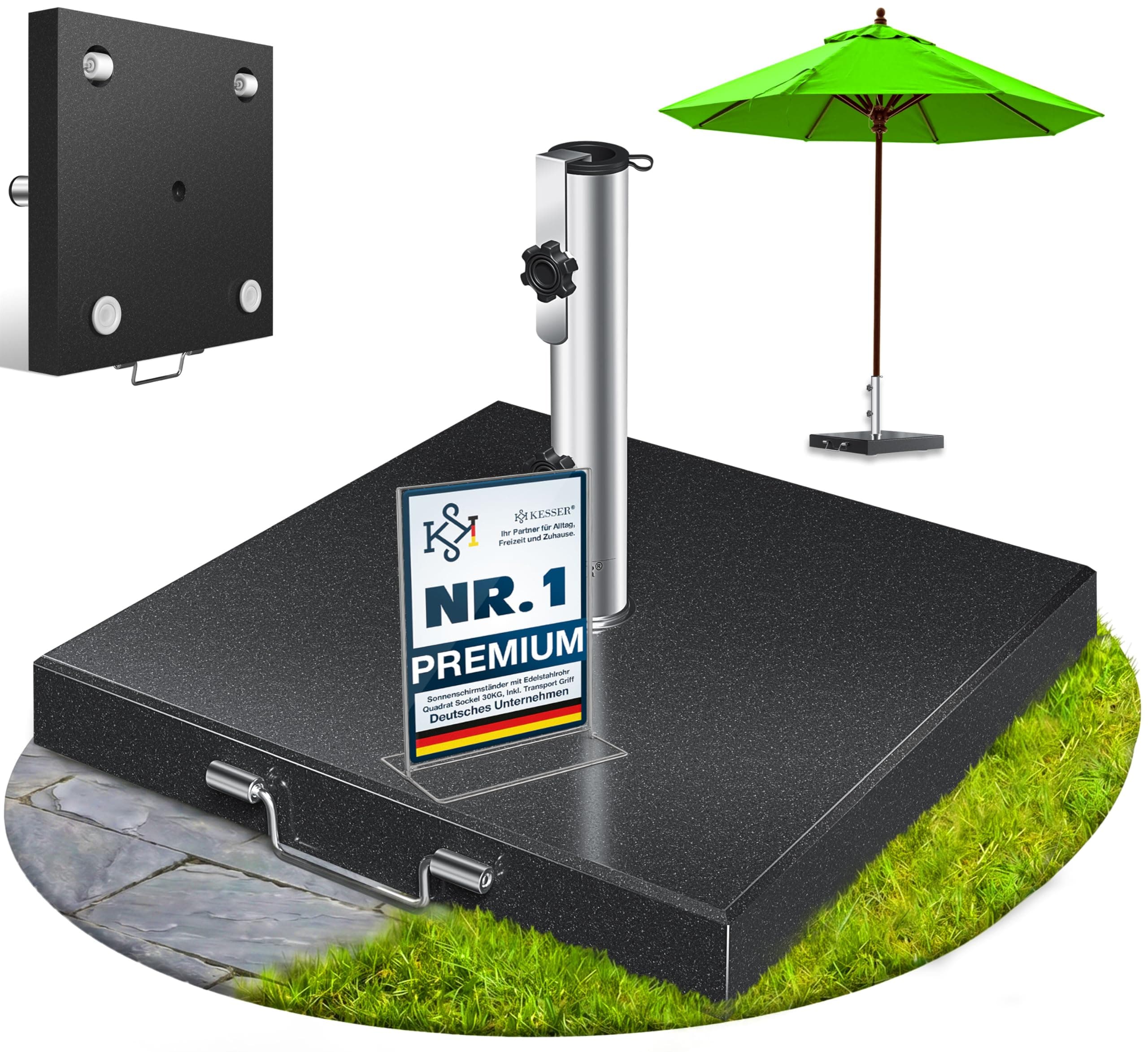 KESSER® Granit Sonnenschirmständer mit Edelstahlrohr, Hochwertiger Schirmständer Quadrat Sockel 30KG - für Schirmstöcke bis 16-48 mm, Inkl. Transport Griff Garten Balkonschirmständer, Anthrazit Anthrazit Eckig Angebot bei HelloDeals