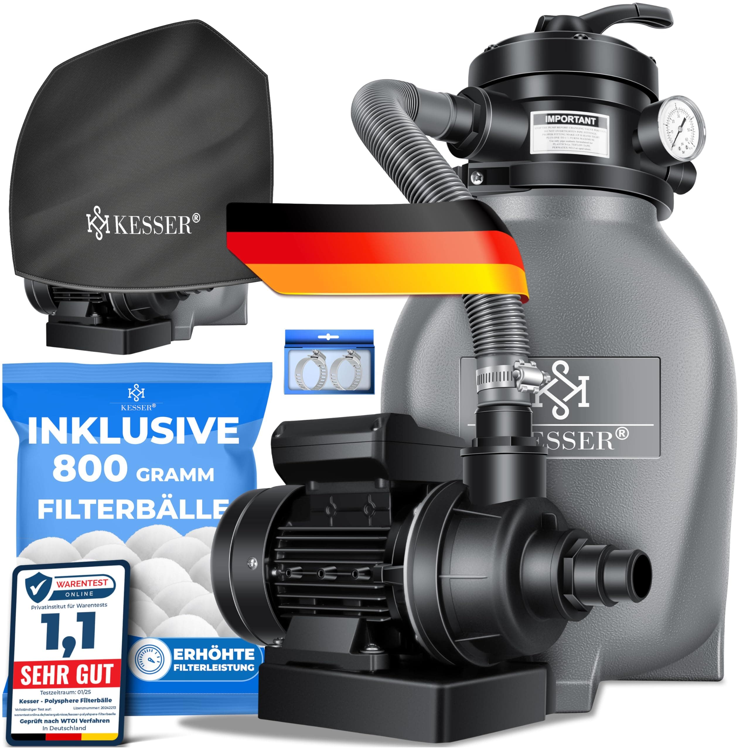 KESSER® Sandfilter Sandfilteranlage + 800g Filterbälle ersetzen 25kg Filtersand-Poolfilter 10 m³/h Filteranlage Filterkessel für Pool Schwimmbecken 4-Wege Ventil, einfache Steuerung, Inkl. Cover, Grau Angebot bei HelloDeals