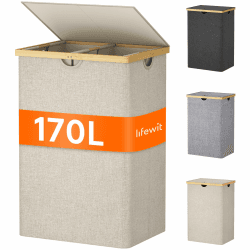 Lifewit 170L Bambus Wäschekorb mit Deckel, Faltbar Wäschesammler 3 Fächer Wäschesortierer mit Abnehmbarem Wäschesack Bambus Griffen Wäschebox Laundry Baskets für Waschküche, Schlafzimmer, Beige Beige 170 L (3 Compartments) Angebot bei HelloDeals