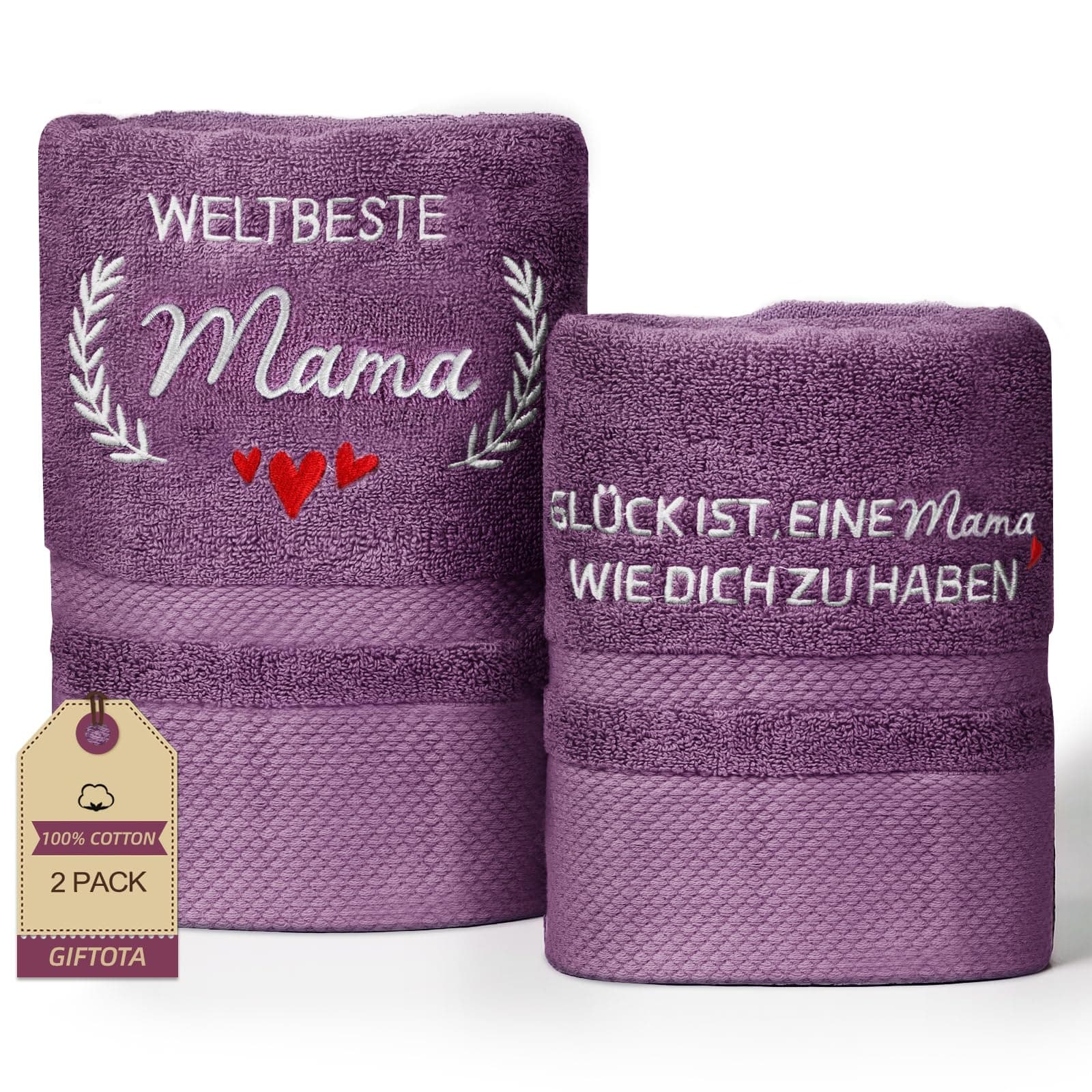 Giftota Mama Geschenk 2 teilig Handtuch Set 100% Baumwolle Bestickt Handtücher Lila, Geschenke für Mama zum Geburtstag Muttertag - Badehandtuch 50 x 100 cm + Handtuch 35 x 75 cm Angebot bei HelloDeals
