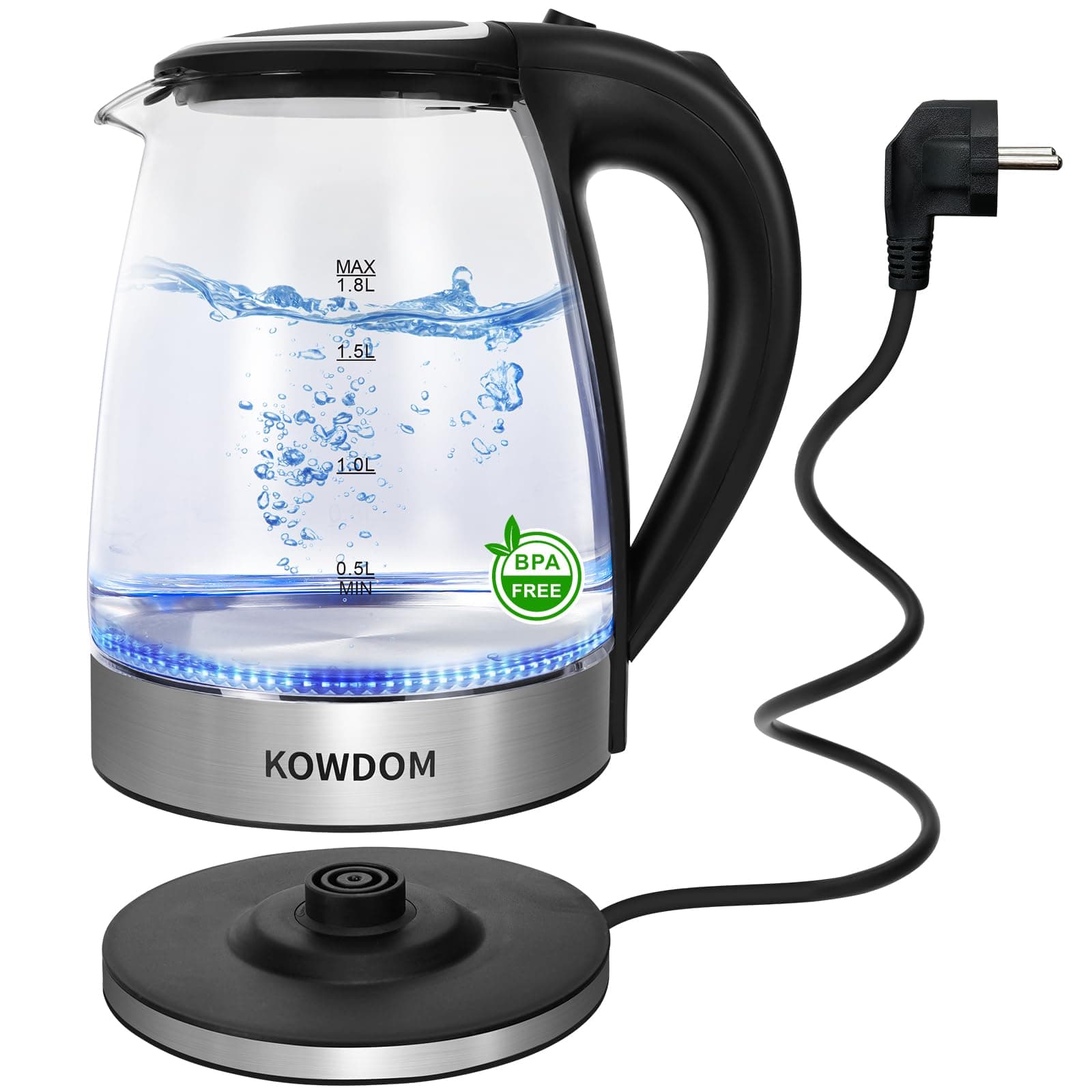 Glas Wasserkocher 1,8L aus Borosilikatglas BPA-frei – 2200W mit LED-Beleuchtung – Automatische Abschaltung & Trockenschutz – 360°-Sockel für Familie & Tee Angebot bei HelloDeals