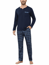 Bresdk Schlafanzug Herren Pyjama Set Lang Baumwolle mit 2 Knöpfen Zweiteilige Nachtwäsche XL Marineblau Angebot bei HelloDeals
