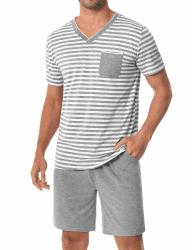Schlafanzug Herren Kurz aus Baumwolle mit Kontraststreifen Design, Sommer Pyjama Set Oberteile und Kurze Hosen für Vater und Partner M 206-grau Angebot bei HelloDeals