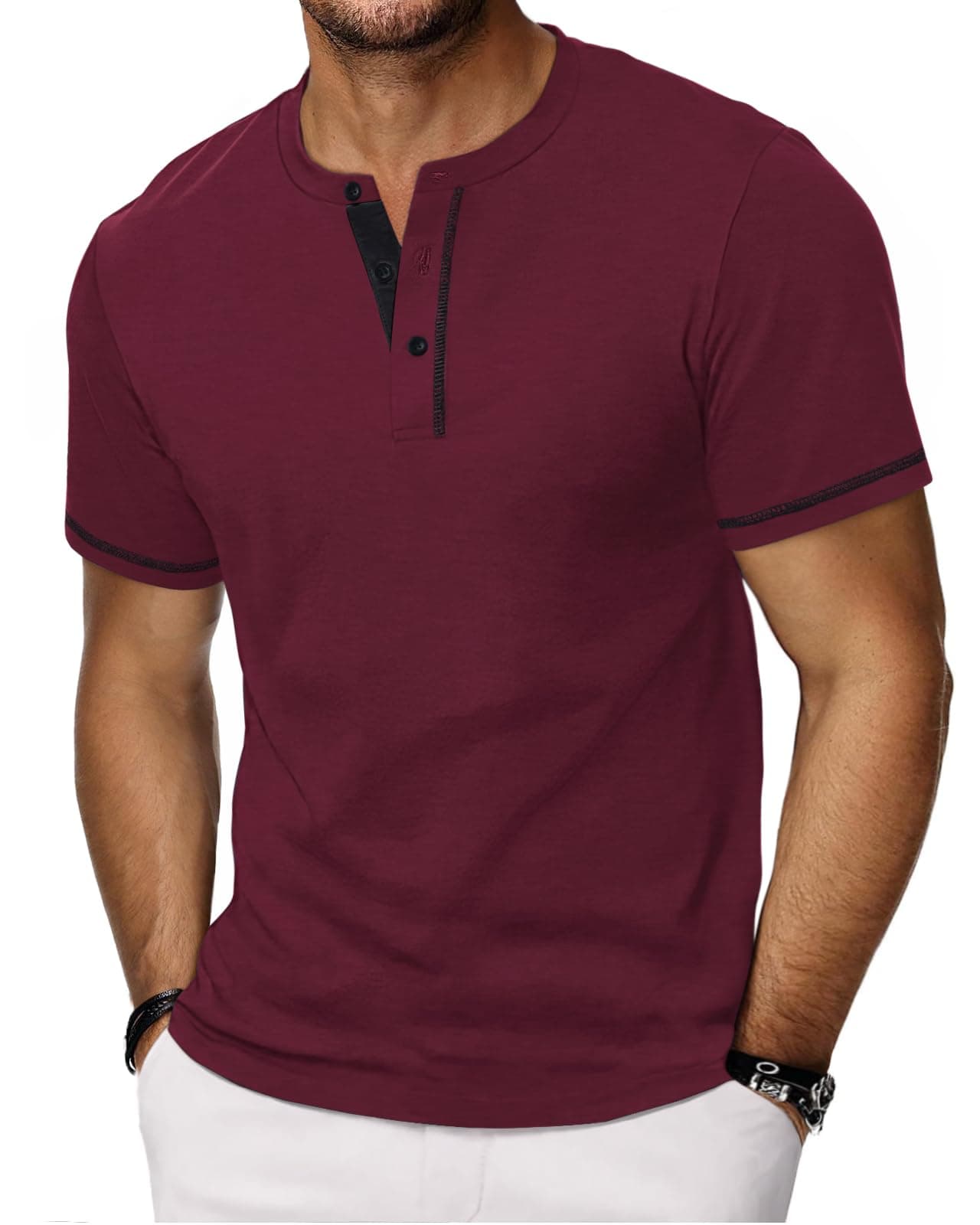 HMIYA Henley Kurzarm T-Shirts für Herren Sommerhemd Baumwolle Knopf Color-Blocking-Ärmeln T-Shirt für Männer XL Weinrot Schwarz Angebot bei HelloDeals
