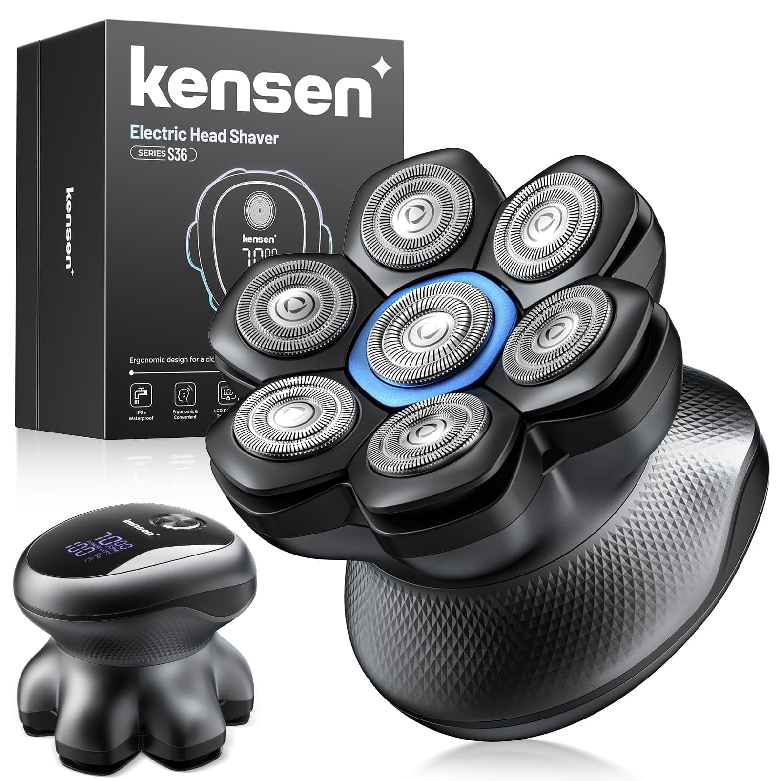 Glatzen Rasierer Herren, kensen Kopfrasierer Glatze 7D Bold Shaver Magnetische Head Shaver Trocken Und Nass Bald Shaver Typ-C Akku Kopfrasierer Herren Elektrisch Wasserdicht Glatzenschneider 2 Stufen Blau Angebot bei HelloDeals