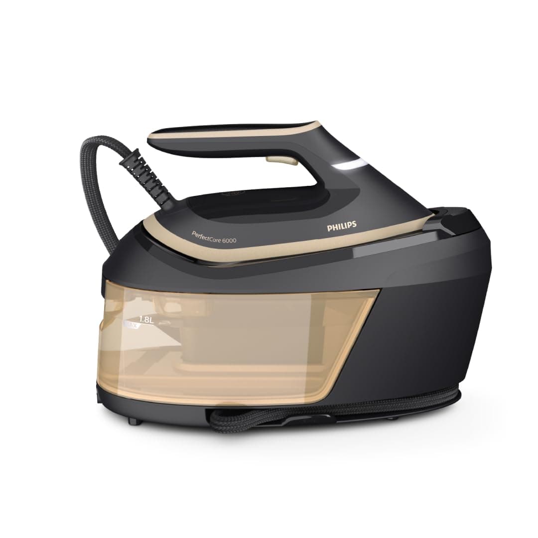 Philips PerfectCare 6000 Series Dampfbügelstation, Leistungsstarker Dampf, Kompaktes Design, 1,8L Abnehmbarer Wassertank, SteamGlide Advanced Bügelsohle (PSG6064/80) 8 bar Dampfdruck Schwarz/Gold Angebot bei HelloDeals