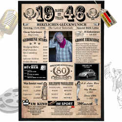 DUOMIO 1946-6 Felder PERSONALISIERBAR! Chronik zum 80 Geburtstag Geschenke Frauen & Geschenke zum 80 Geburtstag Mann - Ausdruck auf 400g/m² Premium Papier - Deko 1946 Jahrgang 80.Geburtstag/1946 Angebot bei HelloDeals