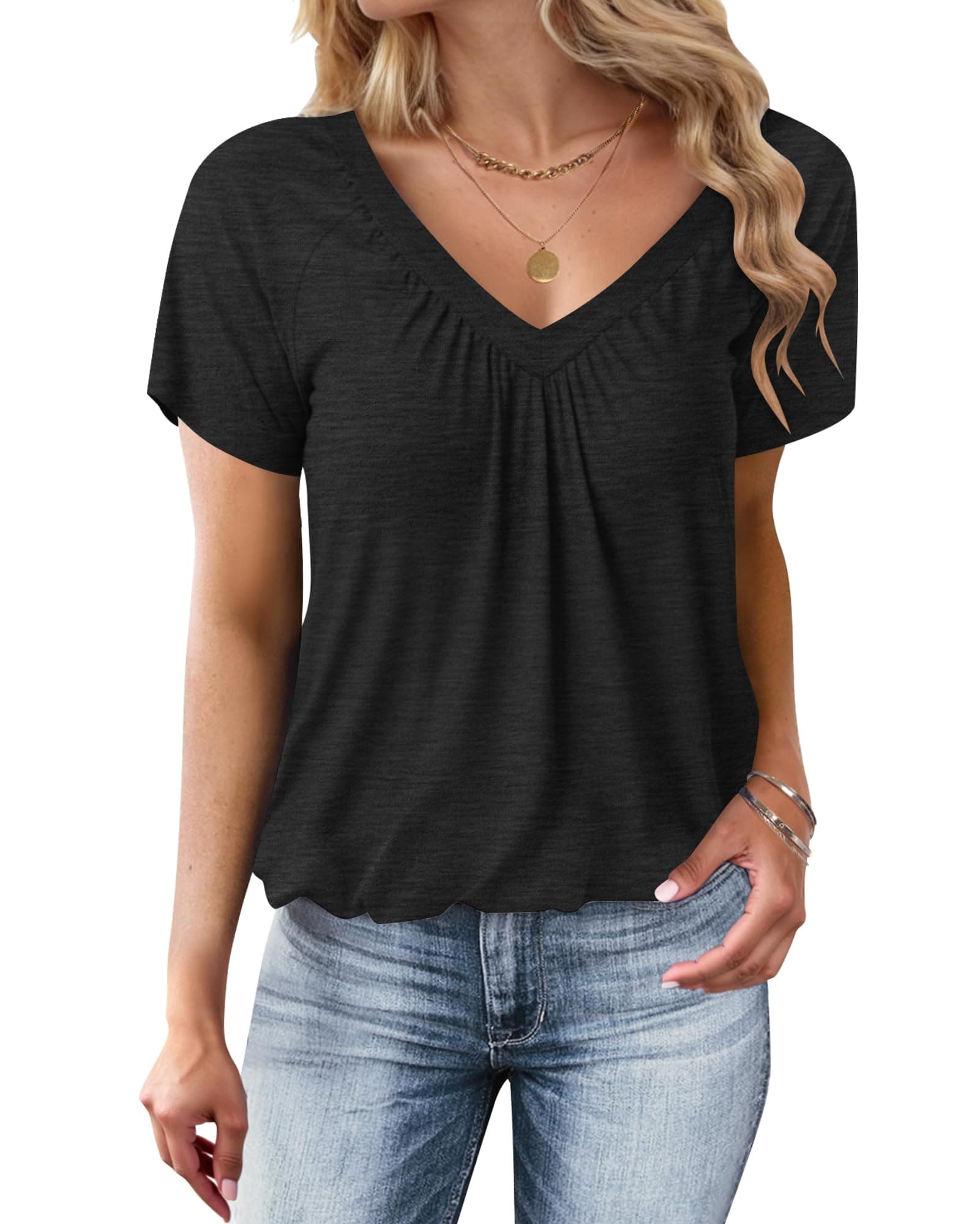 WNEEDU Tshirt Damen Sommer - Basic T-Shirt Damen V Ausschnitt Tops Kurzarm Oberteile Casual Lockere Bluse mit Plissiertes Frontmieder Schwarz XL Angebot bei HelloDeals