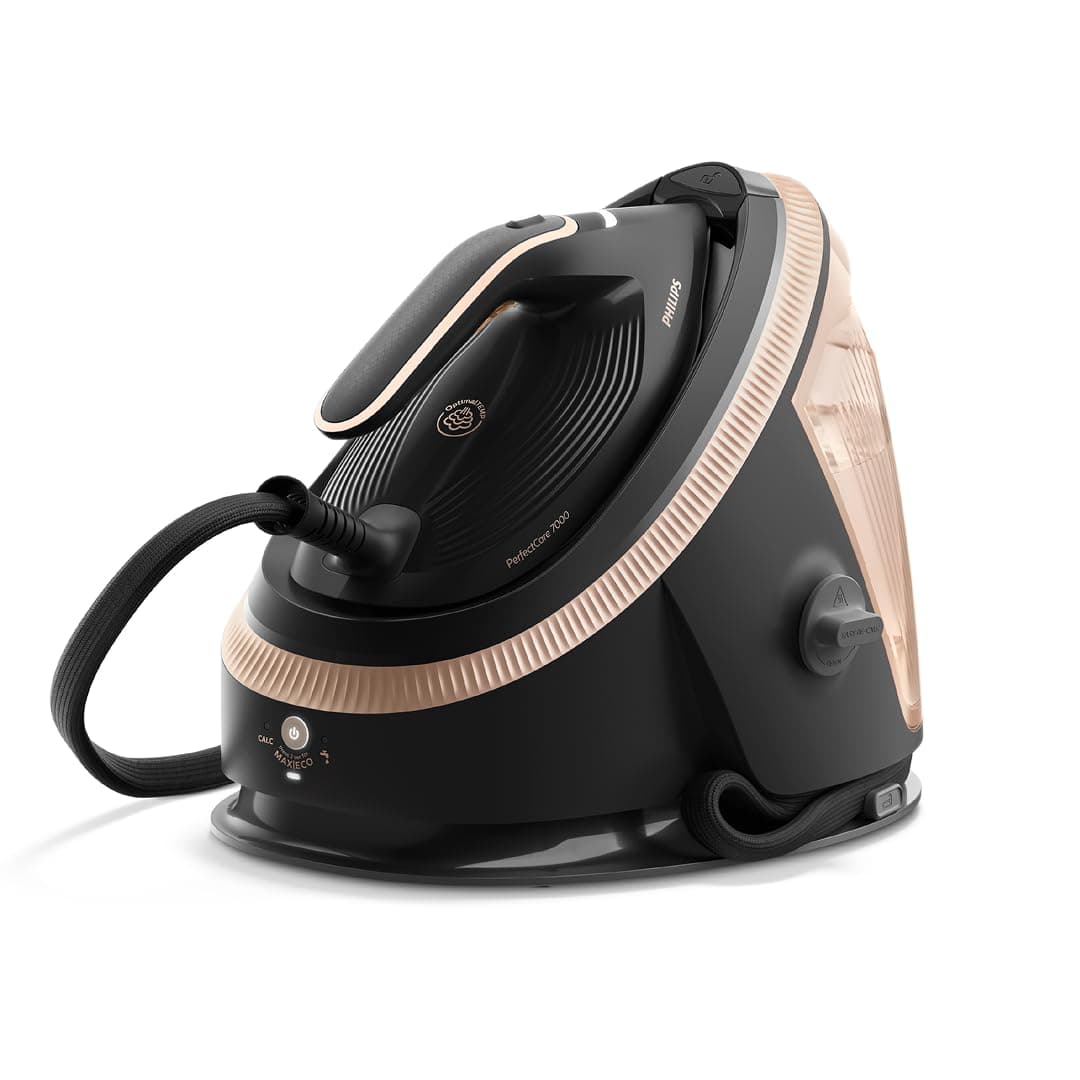 Philips PerfectCare Dampfbügelstation 7000 Serie, 650g Dampfstoß, 8.5 Bar, SteamGlide Elite Bügelsohle, Automatischer Intelligenter Dampf (PSG7300/80) 8,5 bar Dampfdruck Schwarz/Gold Angebot bei HelloDeals