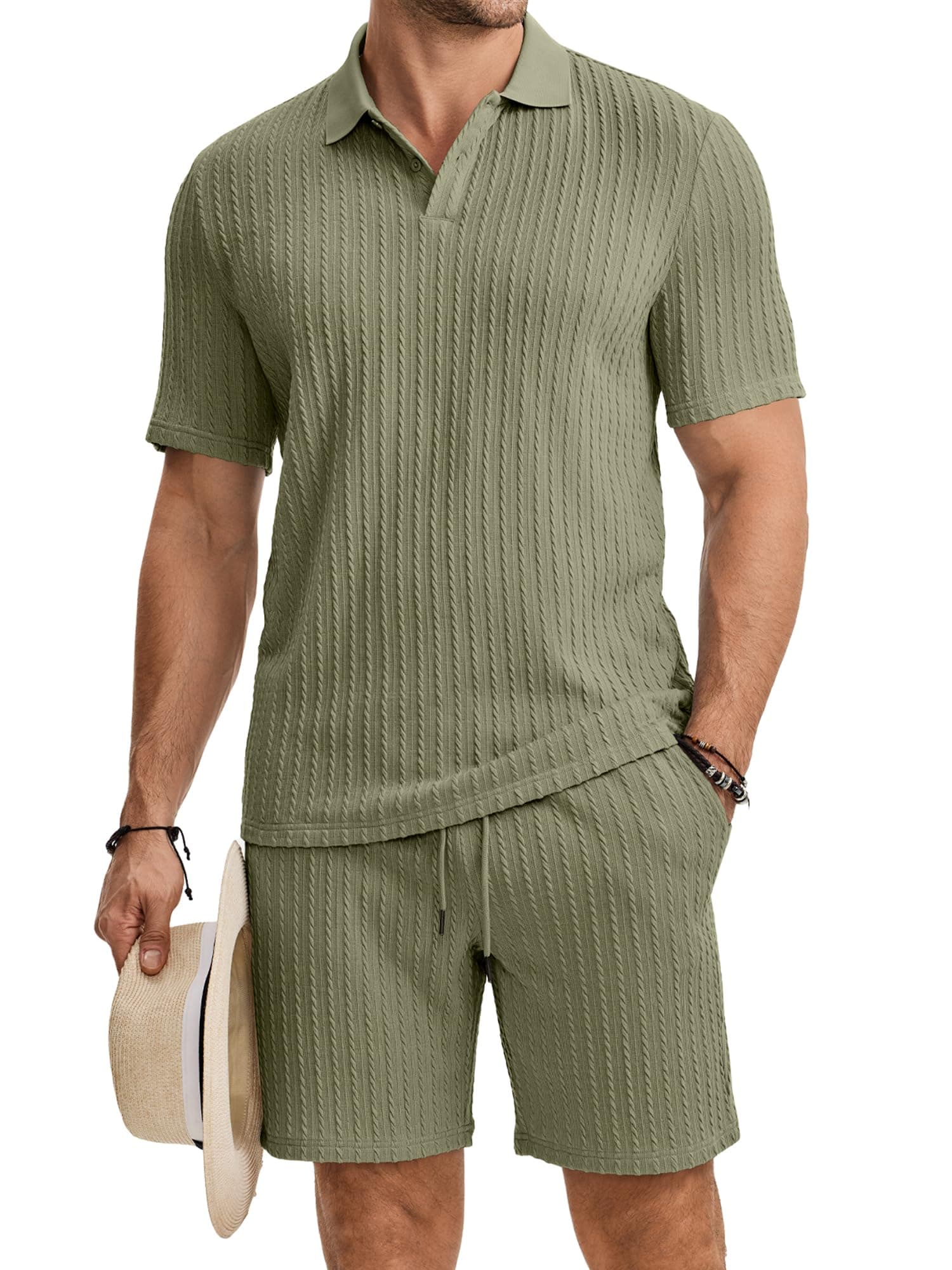 JMIERR Herren Jogginganzug Set Sommer 2 Teiliges Poloshirts Kurzarm Einfarbig Strick mit Kurze Hose Herren mit Elastischer Taille Baggy Freizeitanzug Grün L Angebot bei HelloDeals