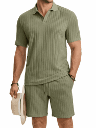 JMIERR Herren Jogginganzug Set Sommer 2 Teiliges Poloshirts Kurzarm Einfarbig Strick mit Kurze Hose Herren mit Elastischer Taille Baggy Freizeitanzug Grün L Angebot bei HelloDeals